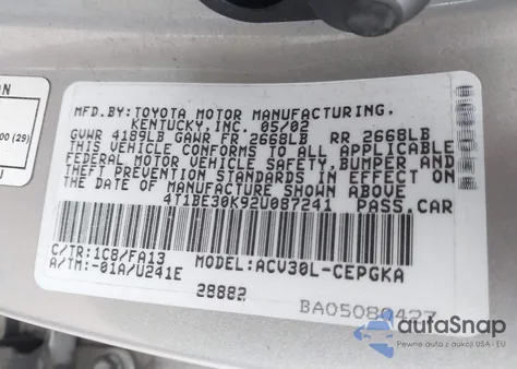 2002 Toyota Camry Xle from USA, damaged, VIN 4T1BE30K92U087241